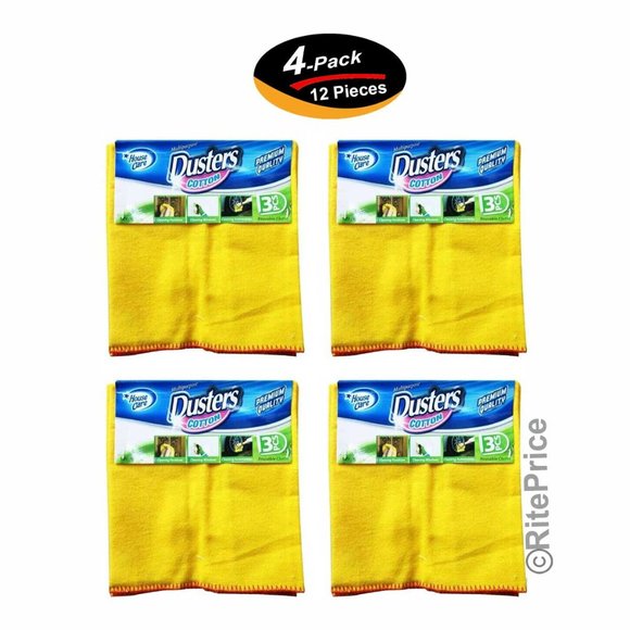12 PCS (4 Pack) 100% Pure Cotton Yellow Multi-Purpose Dusters Cleaning Cloths - Picture 1 of 11